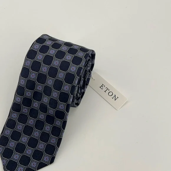 Eton Tie Mens One Size Navy Blue Silk Geometric Medallion Made Italy Necktie NWT